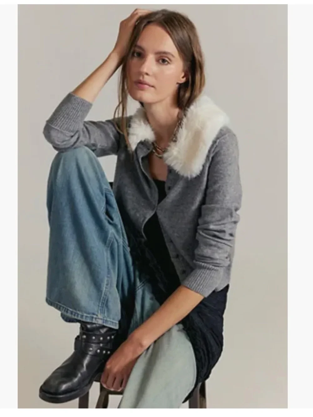NWT Free People Nocturnal Faux Fur Collar Cardi! Size L